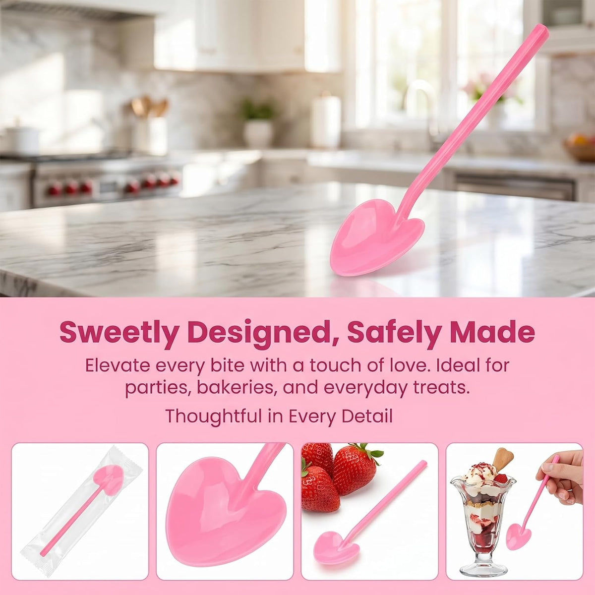 100PCS Pink Plastic Spoons Heart Shaped, Disposable Dessert Spoon for Tasting Ice Cream, Cake,Yogurt, Jelly Pie, Party Tableware for Wedding, Birthday, Holiday