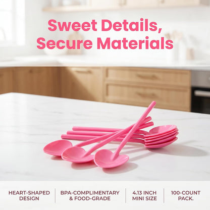 100PCS Pink Plastic Spoons Heart Shaped, Disposable Dessert Spoon for Tasting Ice Cream, Cake,Yogurt, Jelly Pie, Party Tableware for Wedding, Birthday, Holiday