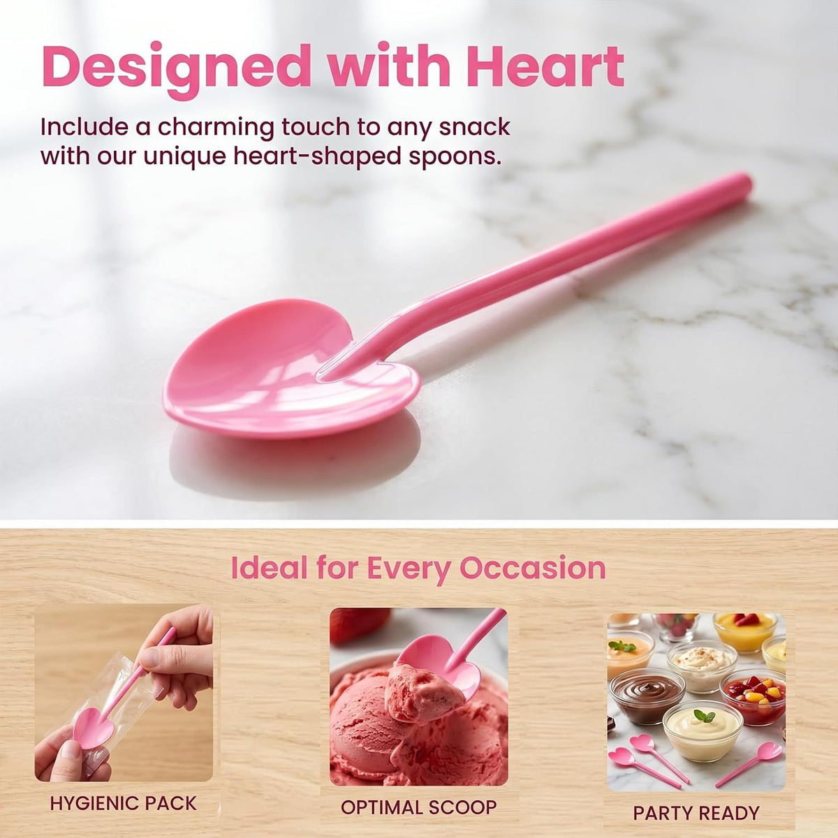 100PCS Pink Plastic Spoons Heart Shaped, Disposable Dessert Spoon for Tasting Ice Cream, Cake,Yogurt, Jelly Pie, Party Tableware for Wedding, Birthday, Holiday