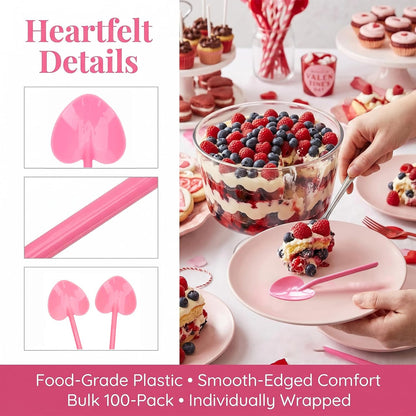 100PCS Pink Plastic Spoons Heart Shaped, Disposable Dessert Spoon for Tasting Ice Cream, Cake,Yogurt, Jelly Pie, Party Tableware for Wedding, Birthday, Holiday