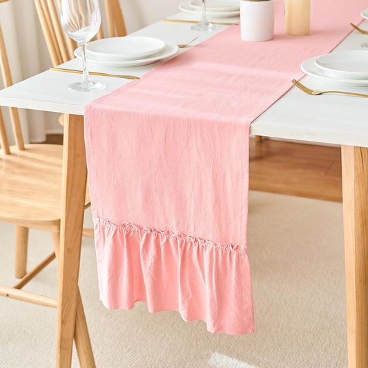 Pink Shabby Chic Ruffled Table Runner:Farmhouse Retro Table Runners for Table Decor Rustic Home Table Decoration,Cotton Tablecloth Flounces Trim for Wedding Christmas Decor 30x120cm(12x47inch)