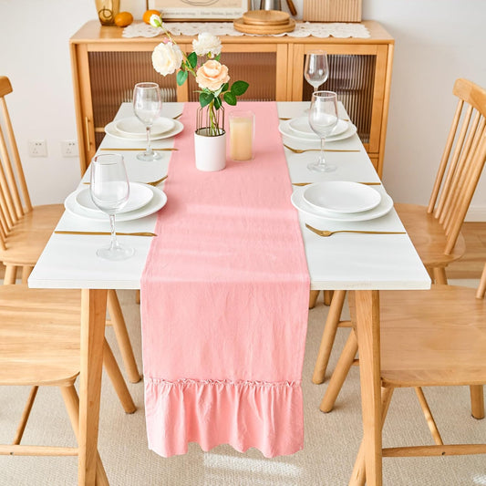 Pink Shabby Chic Ruffled Table Runner:Farmhouse Retro Table Runners for Table Decor Rustic Home Table Decoration,Cotton Tablecloth Flounces Trim for Wedding Christmas Decor 30x120cm(12x47inch)