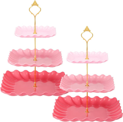 2 Pack Scalloped Cupcake Stand Dessert Plates Plastic Square Tiered Serving Stand Display Tower for Wedding, Birthday Party, Tea Party and Baby Shower(Pink Gradient)