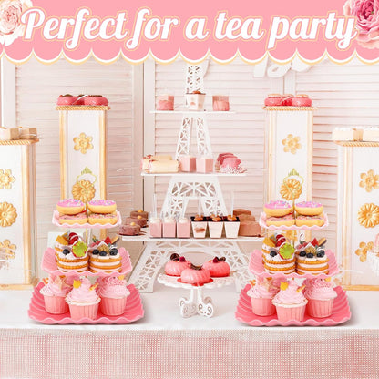 2 Pack Scalloped Cupcake Stand Dessert Plates Plastic Square Tiered Serving Stand Display Tower for Wedding, Birthday Party, Tea Party and Baby Shower(Pink Gradient)