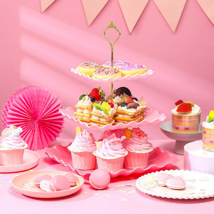 2 Pack Scalloped Cupcake Stand Dessert Plates Plastic Square Tiered Serving Stand Display Tower for Wedding, Birthday Party, Tea Party and Baby Shower(Pink Gradient)