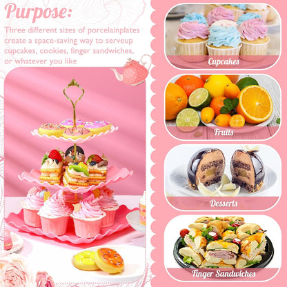 2 Pack Scalloped Cupcake Stand Dessert Plates Plastic Square Tiered Serving Stand Display Tower for Wedding, Birthday Party, Tea Party and Baby Shower(Pink Gradient)