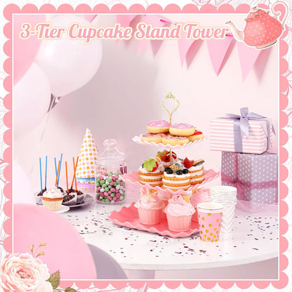 2 Pack Scalloped Cupcake Stand Dessert Plates Plastic Square Tiered Serving Stand Display Tower for Wedding, Birthday Party, Tea Party and Baby Shower(Pink Gradient)