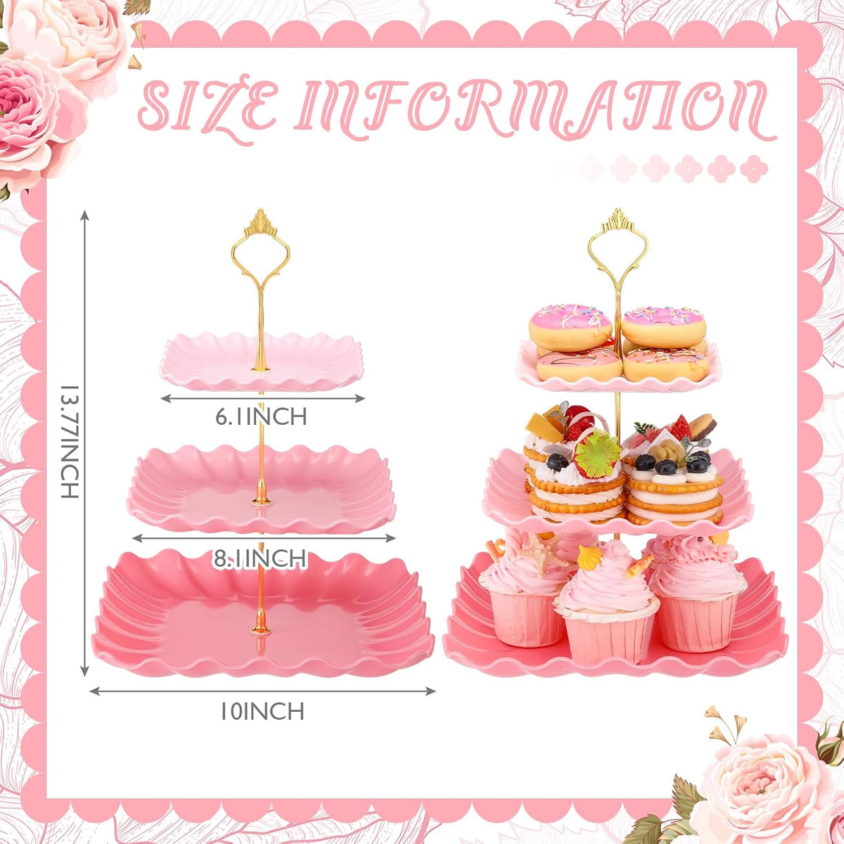 2 Pack Scalloped Cupcake Stand Dessert Plates Plastic Square Tiered Serving Stand Display Tower for Wedding, Birthday Party, Tea Party and Baby Shower(Pink Gradient)
