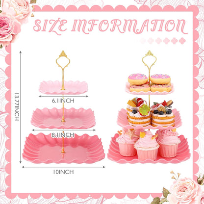 2 Pack Scalloped Cupcake Stand Dessert Plates Plastic Square Tiered Serving Stand Display Tower for Wedding, Birthday Party, Tea Party and Baby Shower(Pink Gradient)