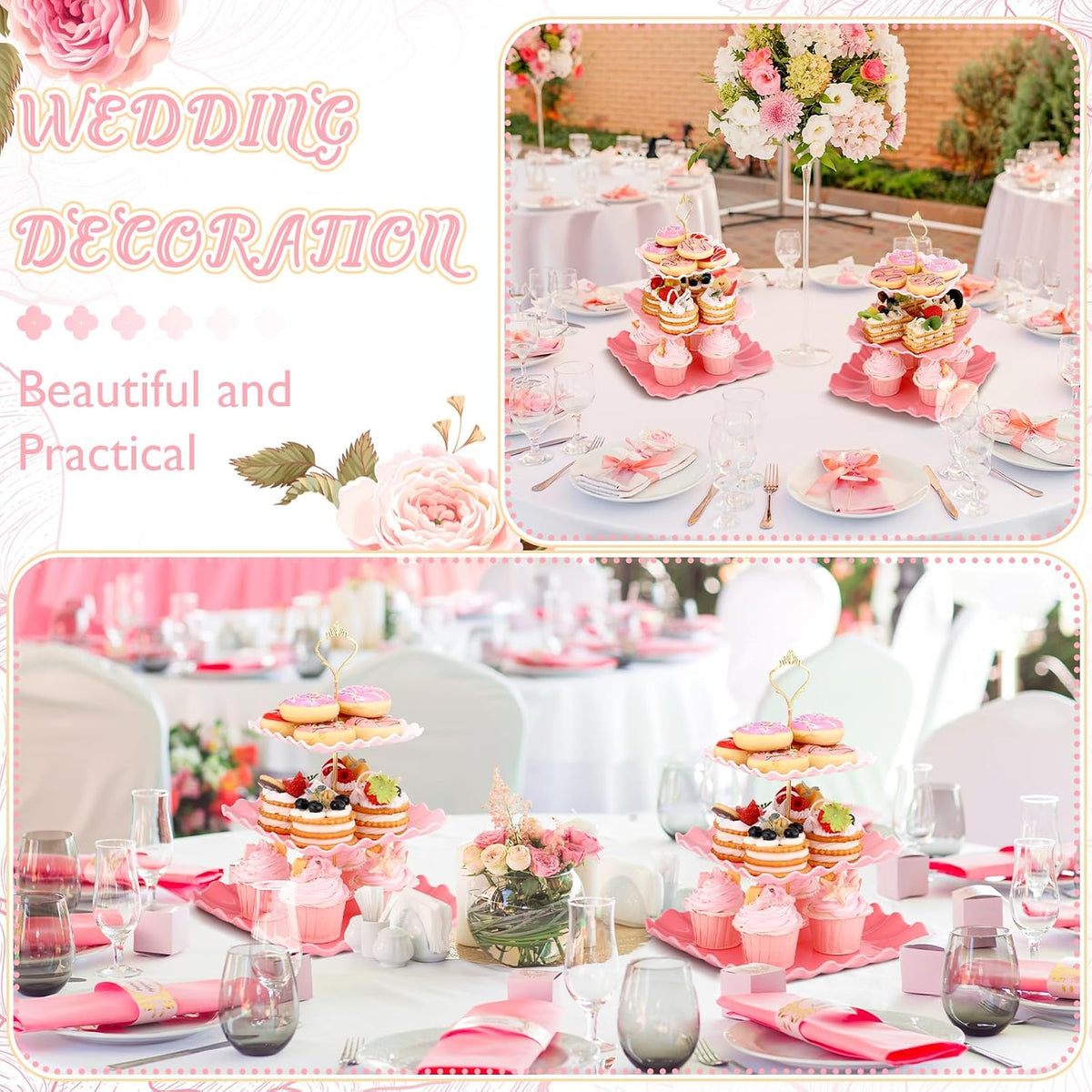 2 Pack Scalloped Cupcake Stand Dessert Plates Plastic Square Tiered Serving Stand Display Tower for Wedding, Birthday Party, Tea Party and Baby Shower(Pink Gradient)