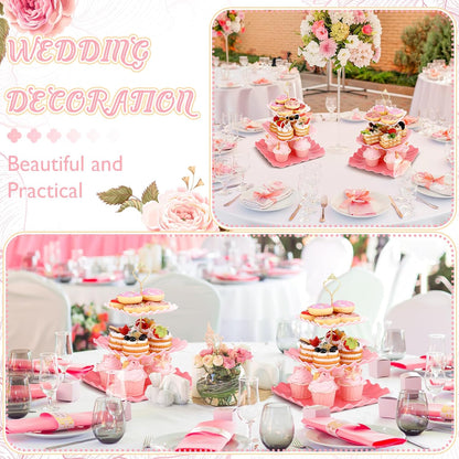 2 Pack Scalloped Cupcake Stand Dessert Plates Plastic Square Tiered Serving Stand Display Tower for Wedding, Birthday Party, Tea Party and Baby Shower(Pink Gradient)