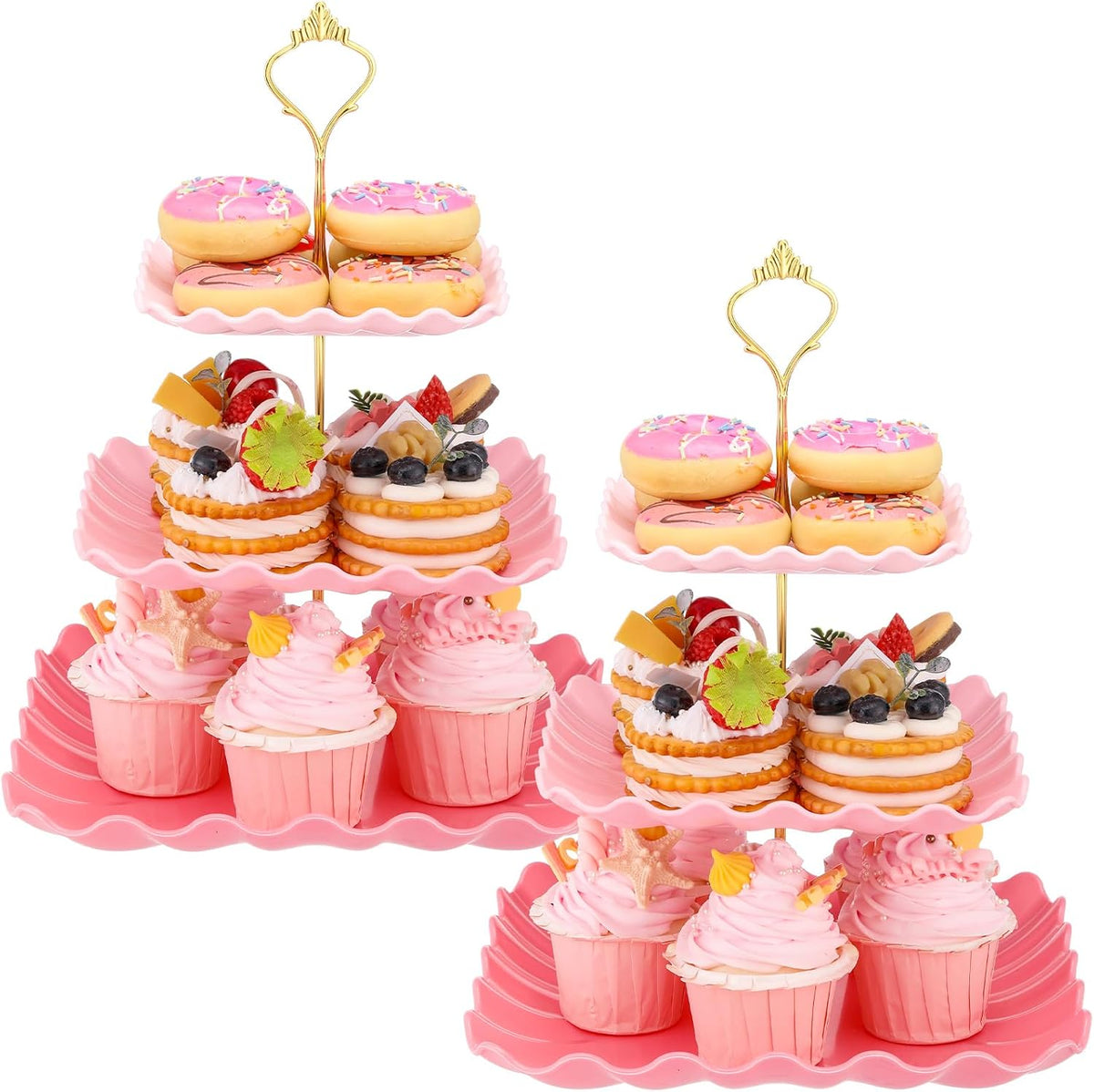 2 Pack Scalloped Cupcake Stand Dessert Plates Plastic Square Tiered Serving Stand Display Tower for Wedding, Birthday Party, Tea Party and Baby Shower(Pink Gradient)