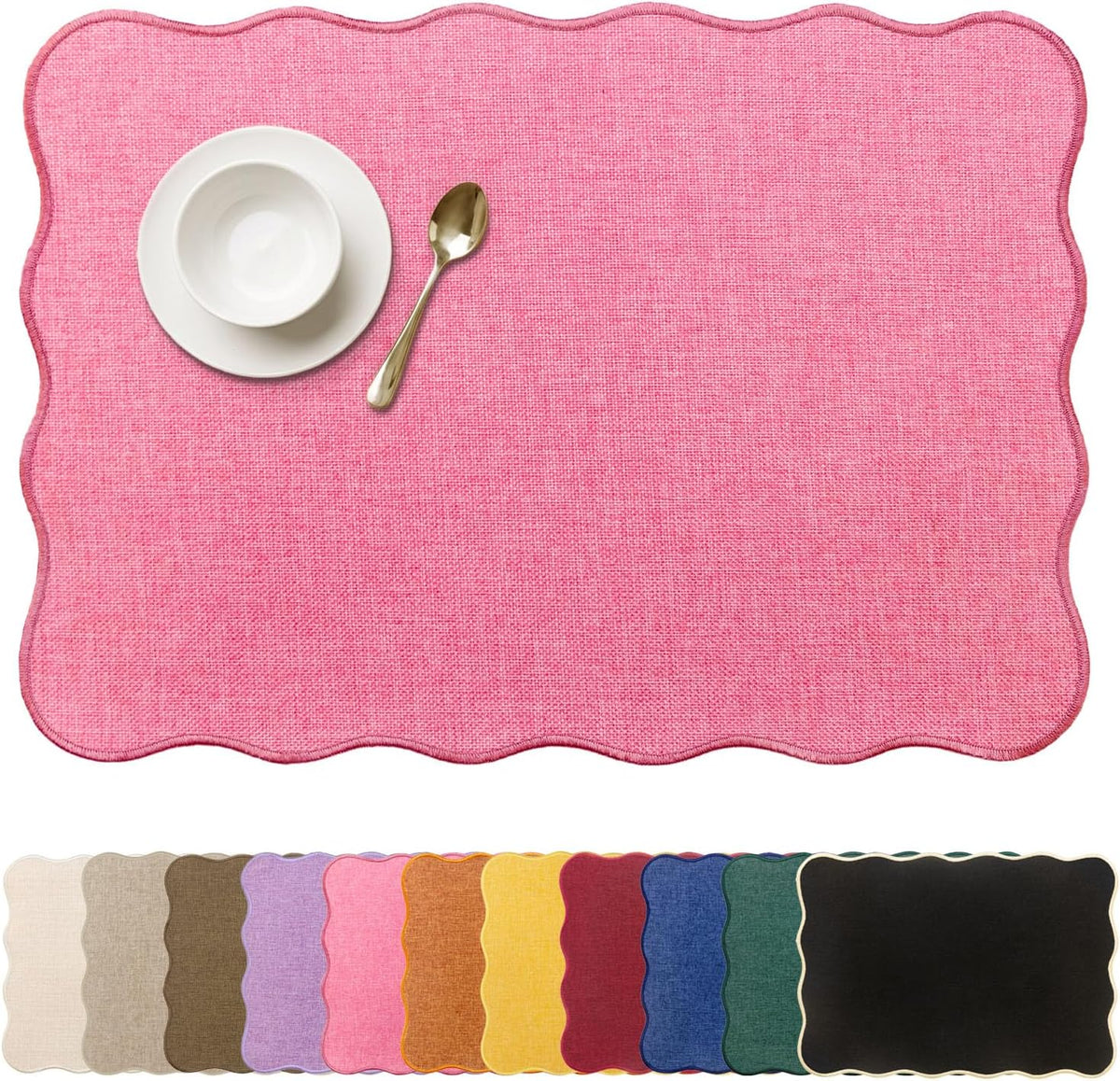 Faux Linen Placemats Set of 6 Heat Resistant Non-Slip Stain Proof Table Mats for Kitchen Dining Elegant Decor Place Mats (Pink)