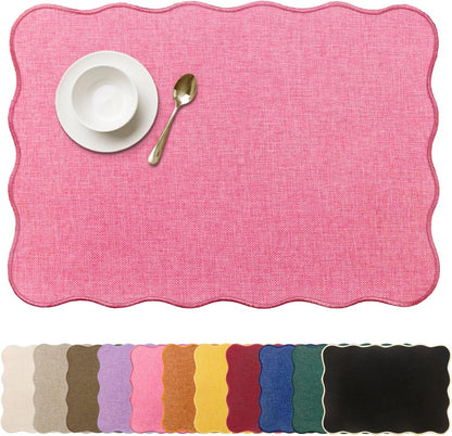Faux Linen Placemats Set of 6 Heat Resistant Non-Slip Stain Proof Table Mats for Kitchen Dining Elegant Decor Place Mats (Pink)