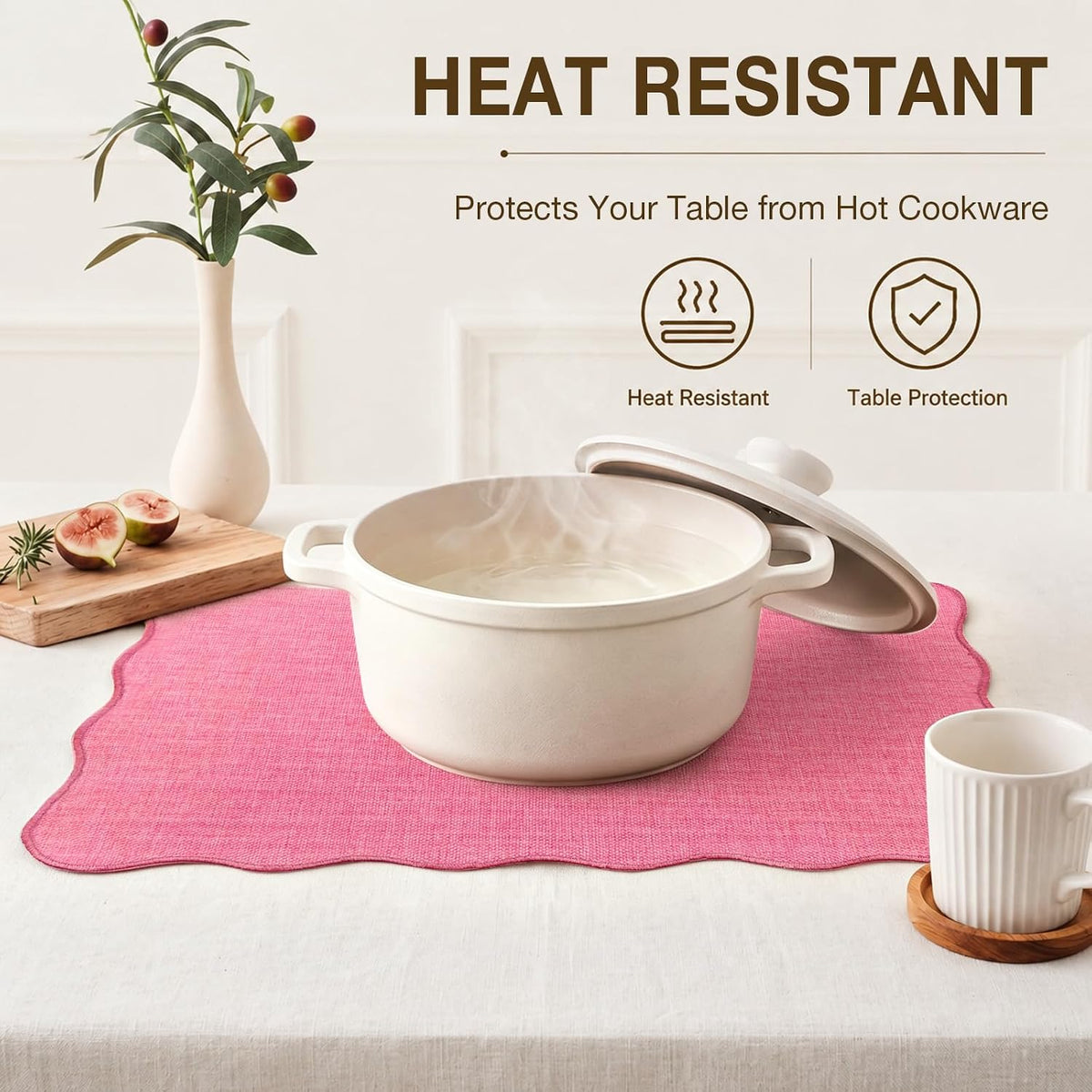 Faux Linen Placemats Set of 6 Heat Resistant Non-Slip Stain Proof Table Mats for Kitchen Dining Elegant Decor Place Mats (Pink)