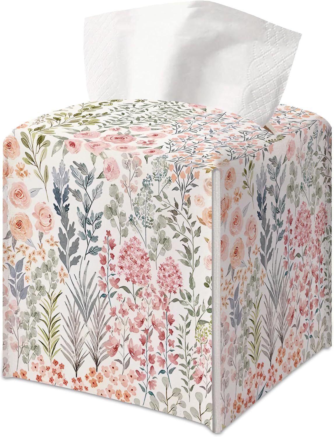 Summer Floral Plants Square Faux Leather Tissue Box Cover
