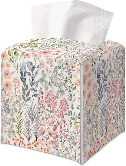 Summer Floral Plants Square Faux Leather Tissue Box Cover