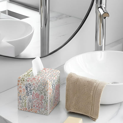 Summer Floral Plants Square Faux Leather Tissue Box Cover