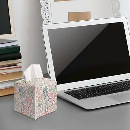 Summer Floral Plants Square Faux Leather Tissue Box Cover