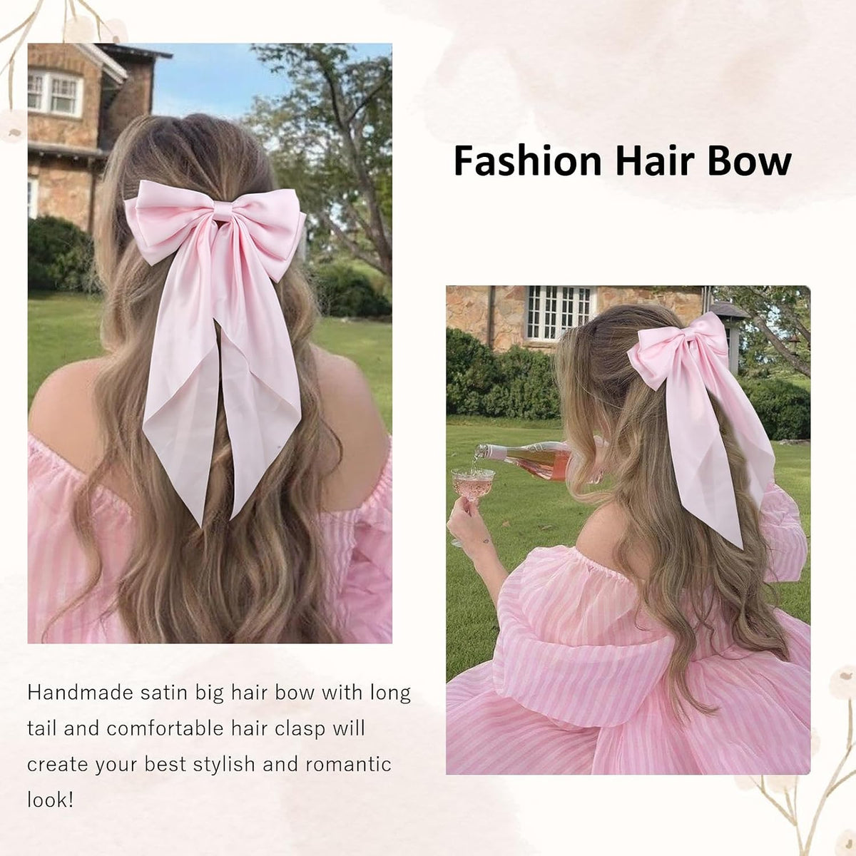Pink Hair Bow for Women Girls, Valentine Big Satin Bow Clip with Long Tail Light Pink Hair Accessories