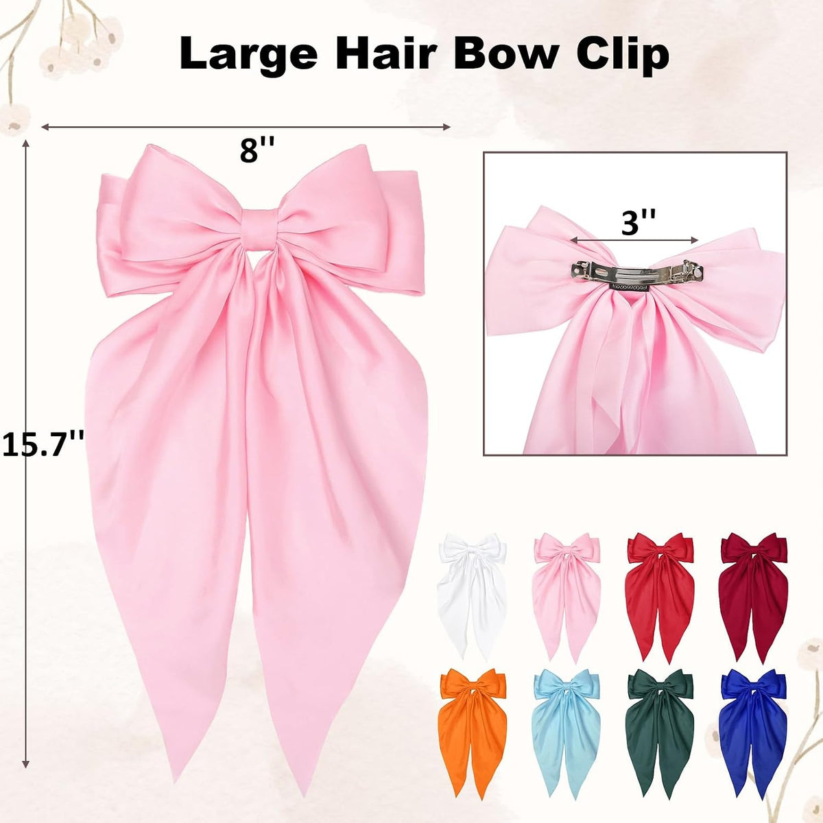 Pink Hair Bow for Women Girls, Valentine Big Satin Bow Clip with Long Tail Light Pink Hair Accessories