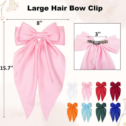 Pink Hair Bow for Women Girls, Valentine Big Satin Bow Clip with Long Tail Light Pink Hair Accessories