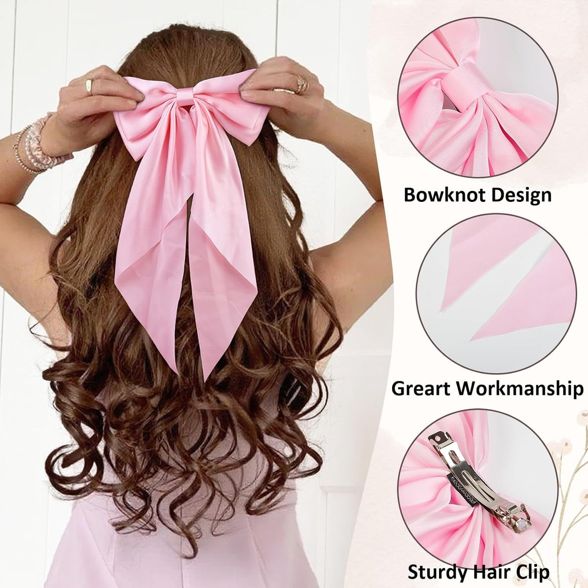 Pink Hair Bow for Women Girls, Valentine Big Satin Bow Clip with Long Tail Light Pink Hair Accessories