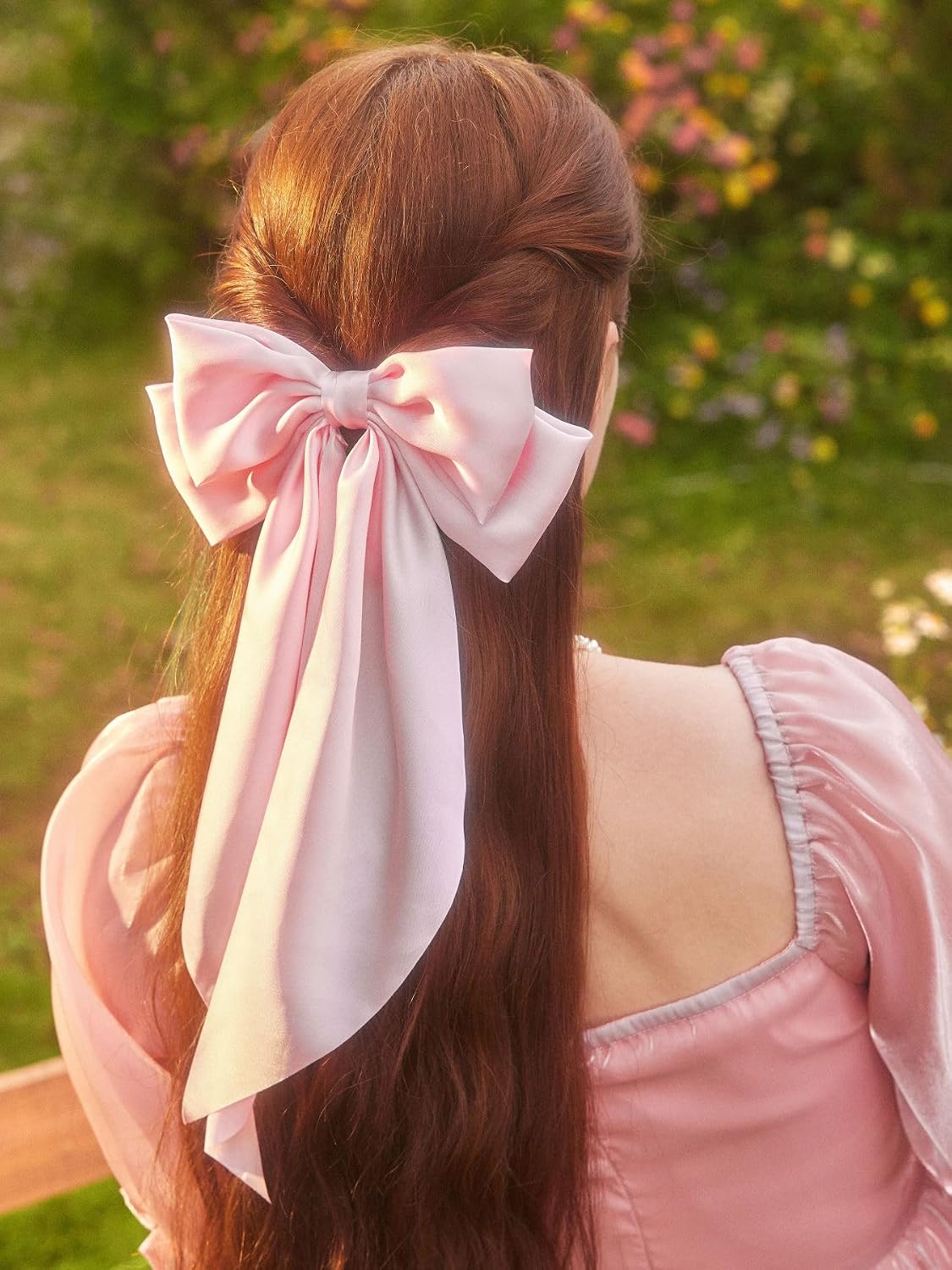 Pink Hair Bow for Women Girls, Valentine Big Satin Bow Clip with Long Tail Light Pink Hair Accessories