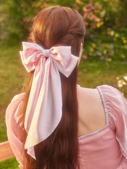 Pink Hair Bow for Women Girls, Valentine Big Satin Bow Clip with Long Tail Light Pink Hair Accessories
