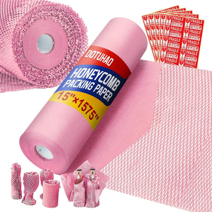 Honeycomb Packing Paper, Pink 15" x 1575'' Packing Paper, Wrapping Paper for Moving Shipping Packaging, Recyclable Moving Supplies With Fragile Sticker Labels and Twine (pink,15" x 1575'')