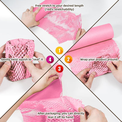 Honeycomb Packing Paper, Pink 15" x 1575'' Packing Paper, Wrapping Paper for Moving Shipping Packaging, Recyclable Moving Supplies With Fragile Sticker Labels and Twine (pink,15" x 1575'')