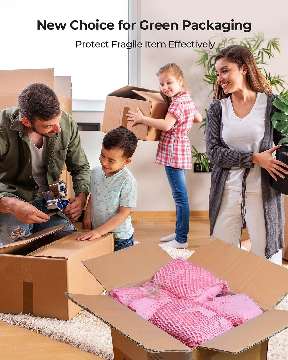 Honeycomb Packing Paper, Pink 15" x 1575'' Packing Paper, Wrapping Paper for Moving Shipping Packaging, Recyclable Moving Supplies With Fragile Sticker Labels and Twine (pink,15" x 1575'')