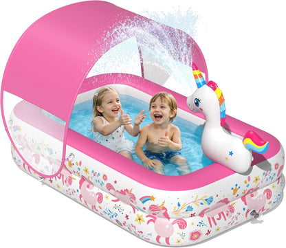 Unicorn Kiddie Pool with Canopy and Sprinkler, Inflatable Baby Pool with Soft Cushioned Floor, Portable Toddler Pool Ball Pit for Backyard, Outdoor/Indoor Play Toys Girls Birthday Gift(Pink)