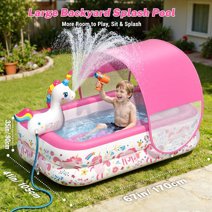 Unicorn Kiddie Pool with Canopy and Sprinkler, Inflatable Baby Pool with Soft Cushioned Floor, Portable Toddler Pool Ball Pit for Backyard, Outdoor/Indoor Play Toys Girls Birthday Gift(Pink)