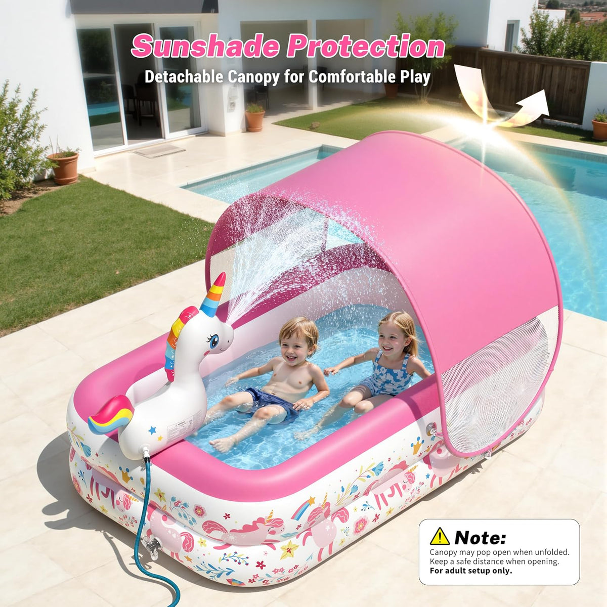 Unicorn Kiddie Pool with Canopy and Sprinkler, Inflatable Baby Pool with Soft Cushioned Floor, Portable Toddler Pool Ball Pit for Backyard, Outdoor/Indoor Play Toys Girls Birthday Gift(Pink)