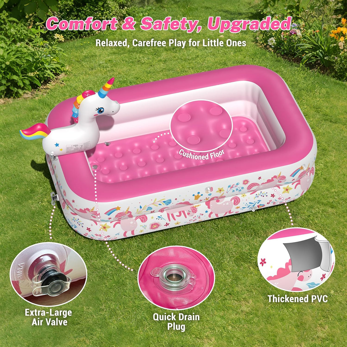 Unicorn Kiddie Pool with Canopy and Sprinkler, Inflatable Baby Pool with Soft Cushioned Floor, Portable Toddler Pool Ball Pit for Backyard, Outdoor/Indoor Play Toys Girls Birthday Gift(Pink)