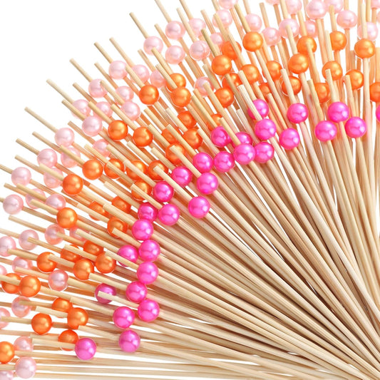 300 Pcs Pearl Cocktail Picks 4.7Inch, 0.3" Bead, Pink Orange