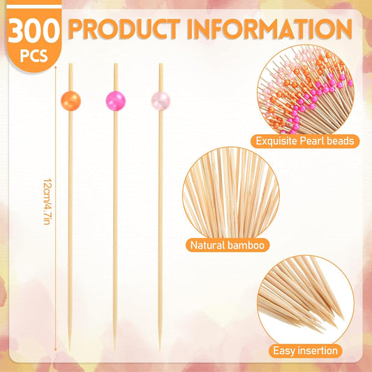 300 Pcs Pearl Cocktail Picks 4.7Inch, 0.3" Bead, Pink Orange