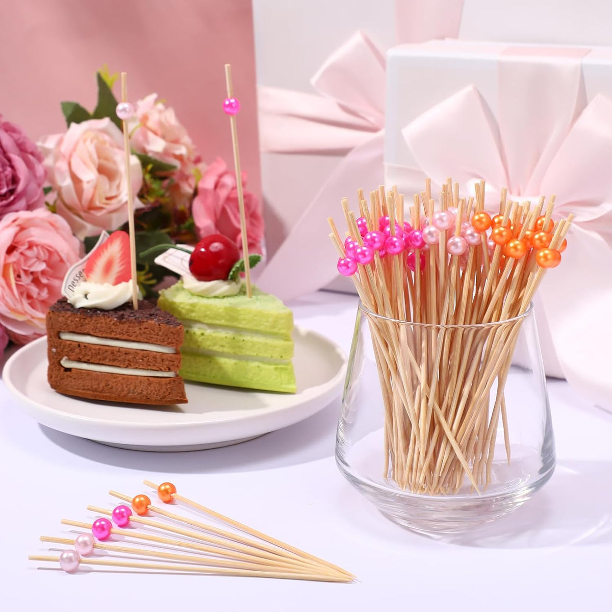 300 Pcs Pearl Cocktail Picks 4.7Inch, 0.3" Bead, Pink Orange