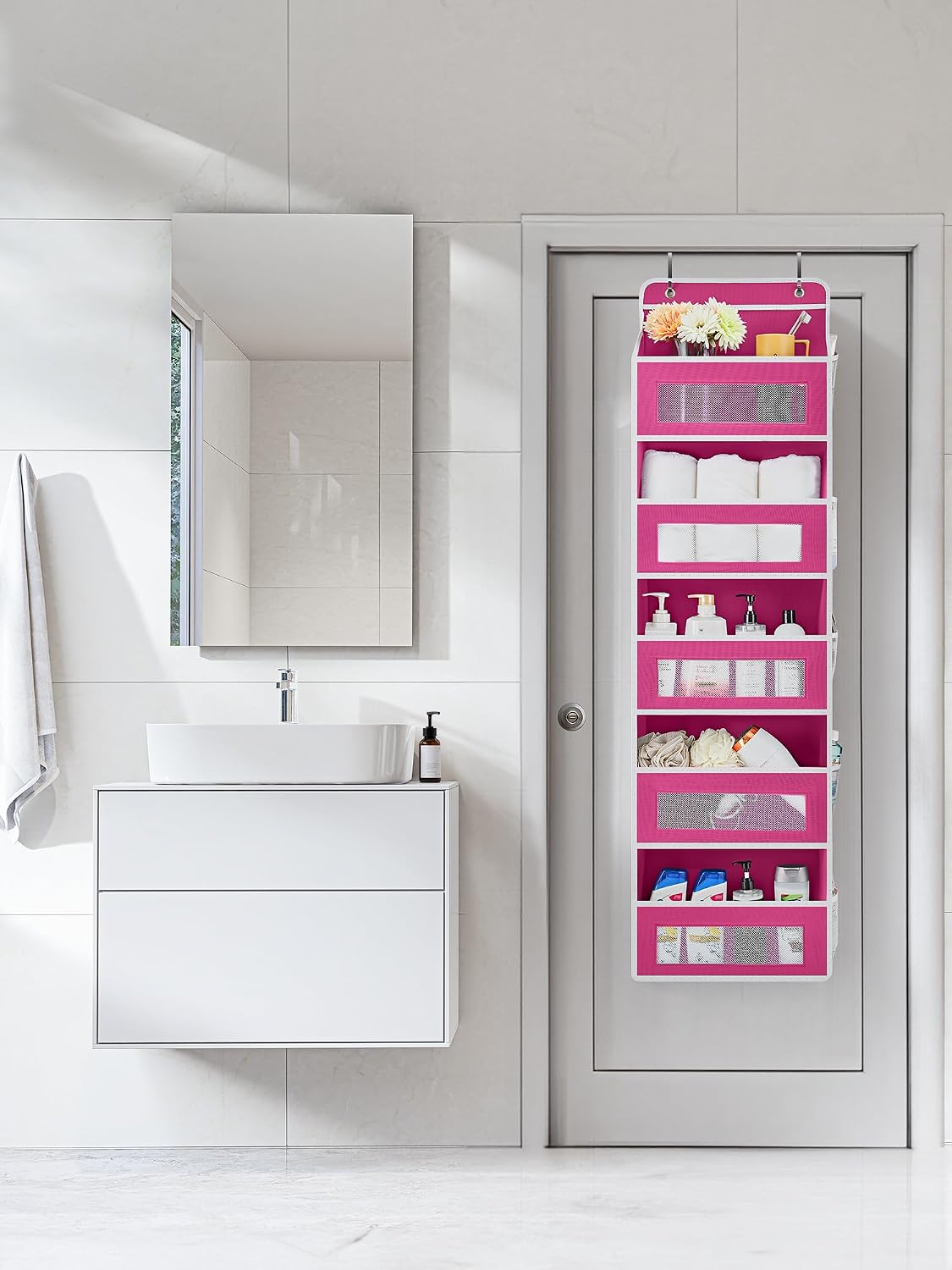 Over the Door Organizer for Bedroom, Bathroom, 5 Shelf Rose Pink