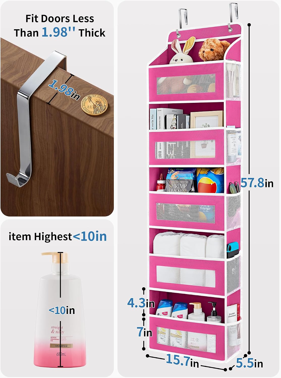 Over the Door Organizer for Bedroom, Bathroom, 5 Shelf Rose Pink