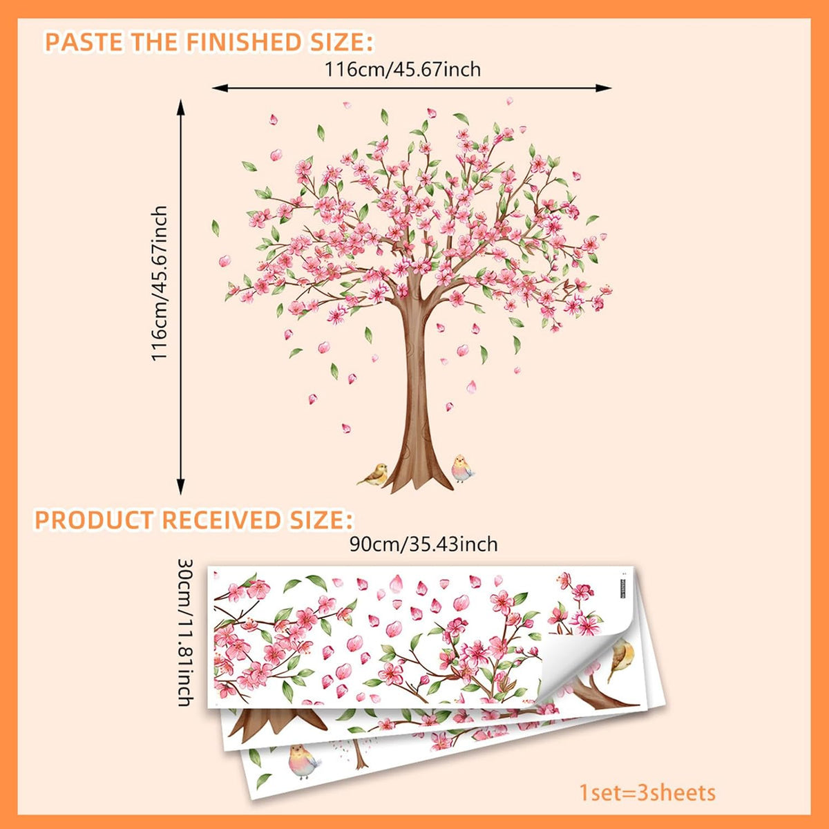 Large Cherry Blossom Wall Decals - Pink Flower Tree Wall Stickers for Girls Kids Bedroom Nursery Living Room TV Wall Decor (H: 45 Inch)