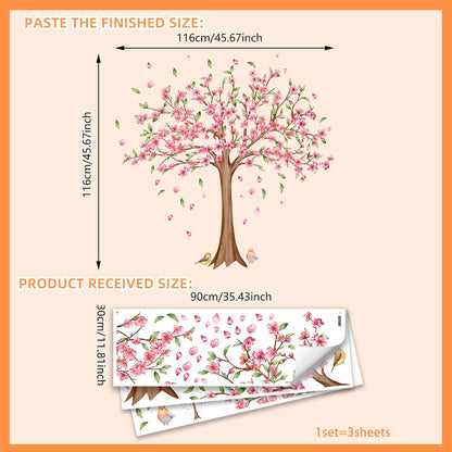 Large Cherry Blossom Wall Decals - Pink Flower Tree Wall Stickers for Girls Kids Bedroom Nursery Living Room TV Wall Decor (H: 45 Inch)