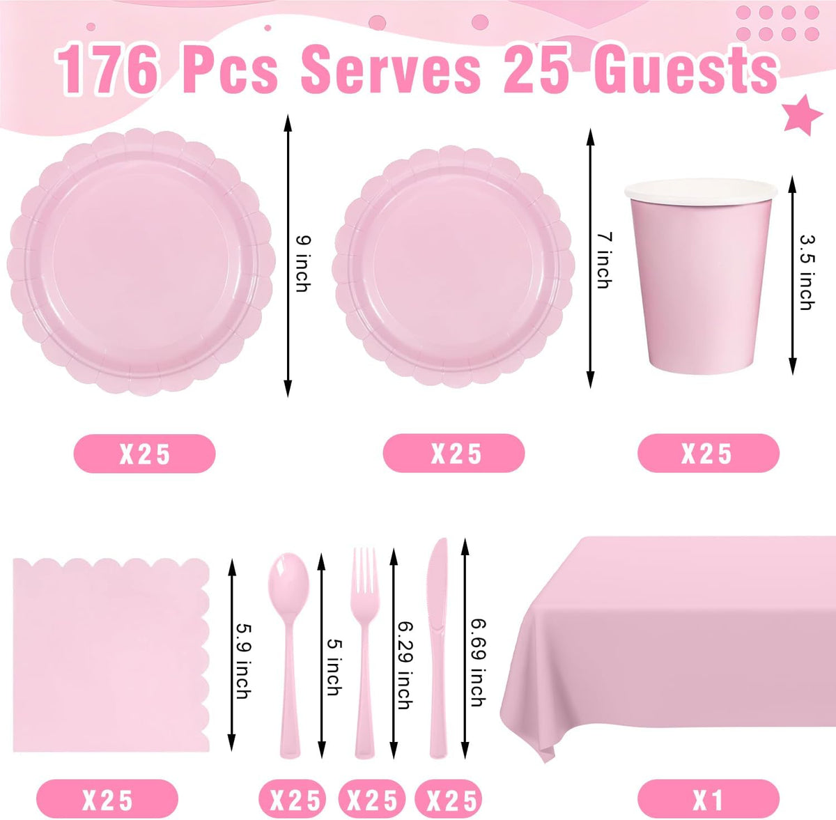 176 PCS Pink Party Decorations - Light Pink Scalloped Plates, Napkins, Cups, Cutlery, Tablecloth for Baby Shower, Wedding, Birthday Party Decorations, Serves 25