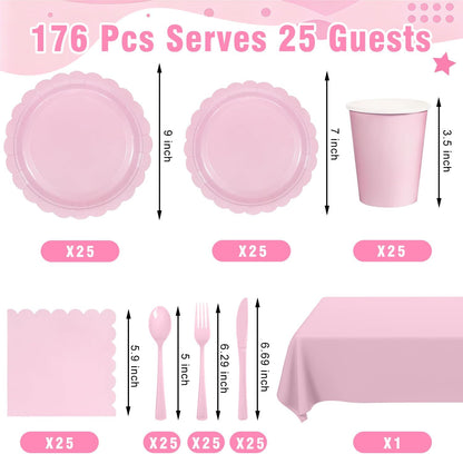 176 PCS Pink Party Decorations - Light Pink Scalloped Plates, Napkins, Cups, Cutlery, Tablecloth for Baby Shower, Wedding, Birthday Party Decorations, Serves 25