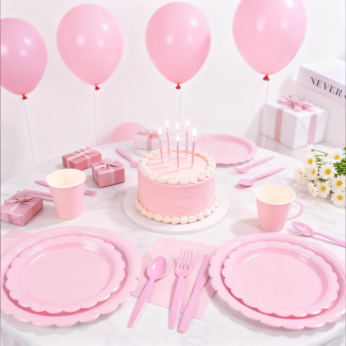 176 PCS Pink Party Decorations - Light Pink Scalloped Plates, Napkins, Cups, Cutlery, Tablecloth for Baby Shower, Wedding, Birthday Party Decorations, Serves 25