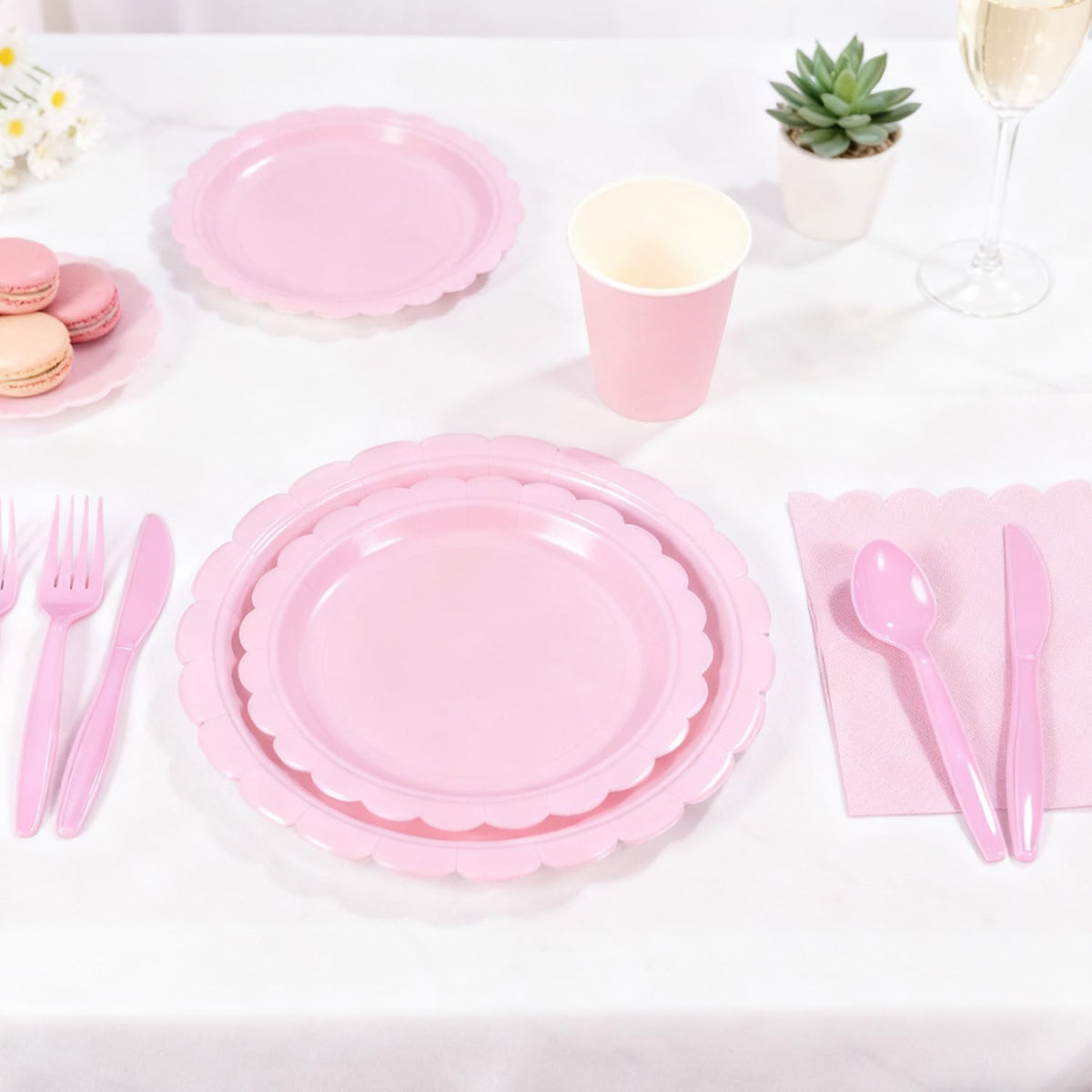 176 PCS Pink Party Decorations - Light Pink Scalloped Plates, Napkins, Cups, Cutlery, Tablecloth for Baby Shower, Wedding, Birthday Party Decorations, Serves 25