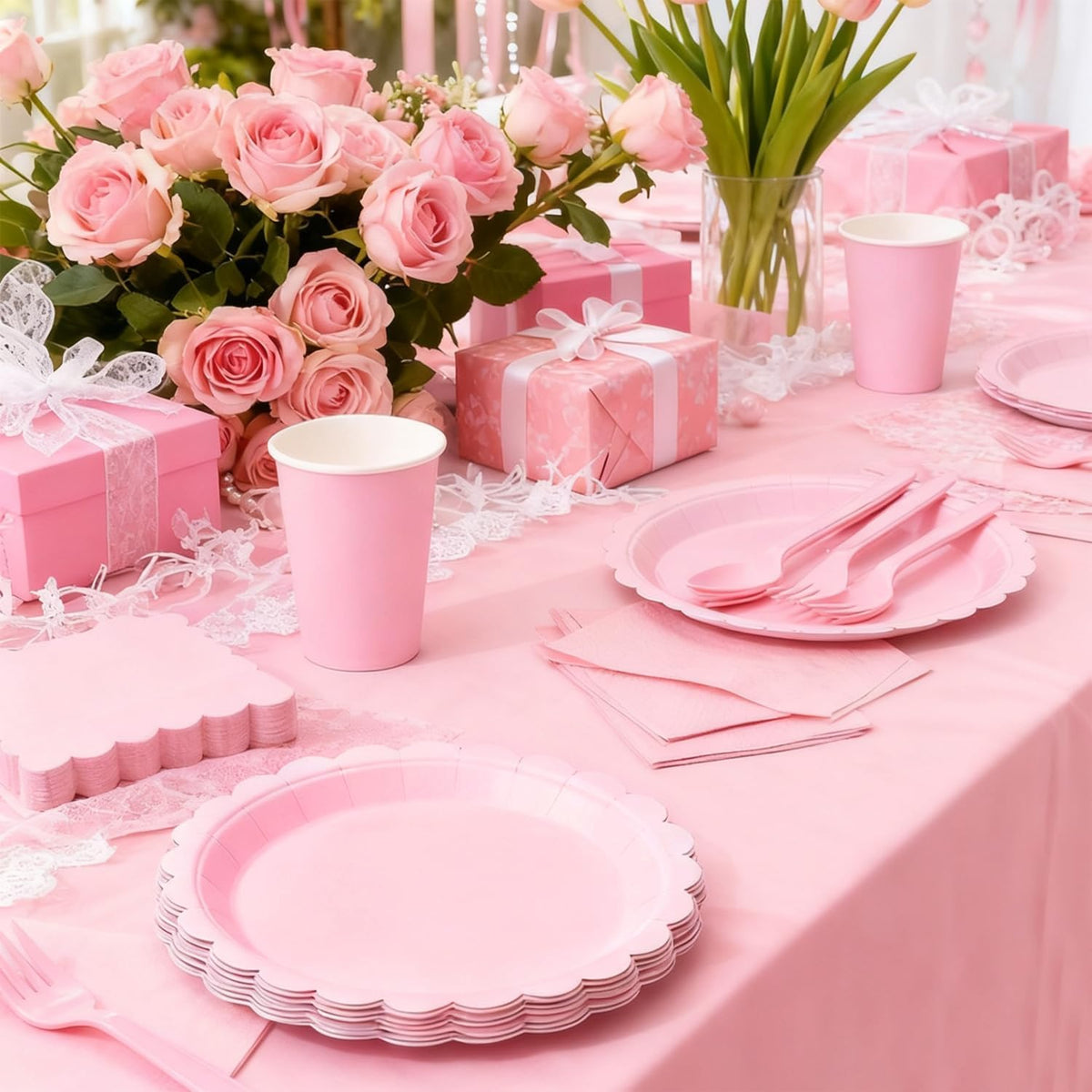 176 PCS Pink Party Decorations - Light Pink Scalloped Plates, Napkins, Cups, Cutlery, Tablecloth for Baby Shower, Wedding, Birthday Party Decorations, Serves 25