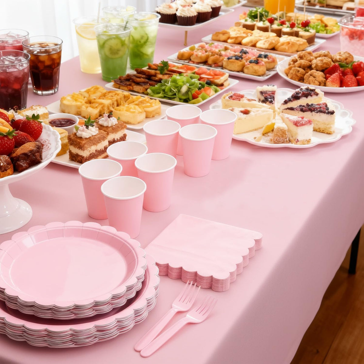 176 PCS Pink Party Decorations - Light Pink Scalloped Plates, Napkins, Cups, Cutlery, Tablecloth for Baby Shower, Wedding, Birthday Party Decorations, Serves 25