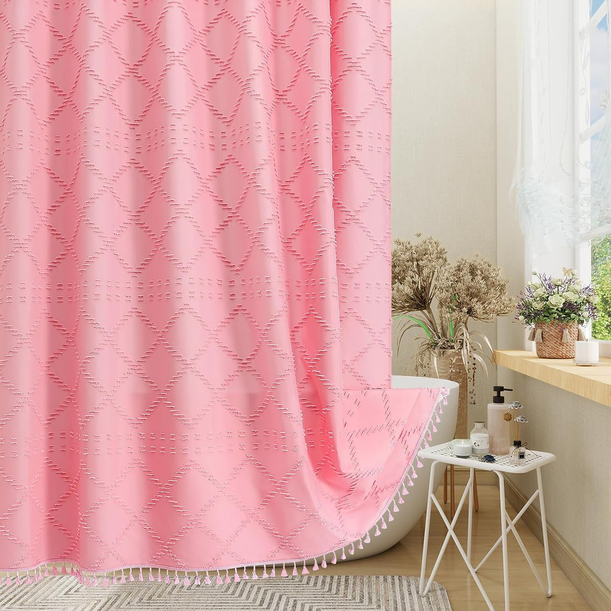 Pink Boho Woven Fabric Shower Curtain with Tassel 72 x 72, Tufted Textured